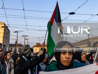 More than 1,000 people march through the center of Turin, Italy, on November 16, 2024, calling for a boycott of Israel and a ceasefire in th...