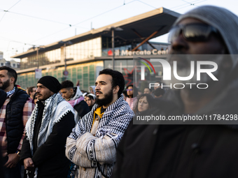 More than 1,000 people march through the center of Turin, Italy, on November 16, 2024, calling for a boycott of Israel and a ceasefire in th...