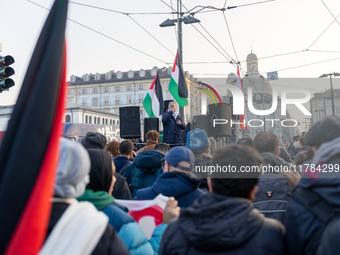 More than 1,000 people march through the center of Turin, Italy, on November 16, 2024, calling for a boycott of Israel and a ceasefire in th...