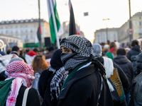 More than 1,000 people march through the center of Turin, Italy, on November 16, 2024, calling for a boycott of Israel and a ceasefire in th...