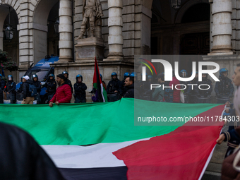 More than 1,000 people march through the center of Turin, Italy, on November 16, 2024, calling for a boycott of Israel and a ceasefire in th...