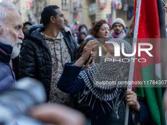 More than 1,000 people march through the center of Turin, Italy, on November 16, 2024, calling for a boycott of Israel and a ceasefire in th...