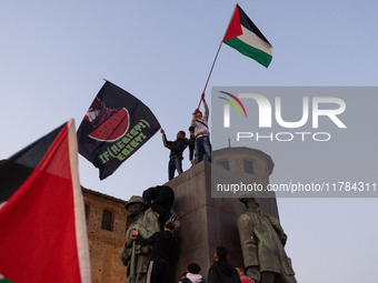 More than 1,000 people march through the center of Turin, Italy, on November 16, 2024, calling for a boycott of Israel and a ceasefire in th...