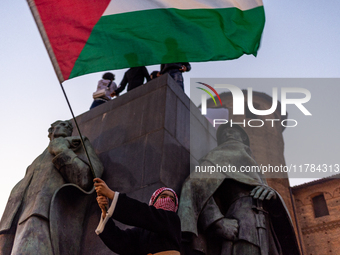 More than 1,000 people march through the center of Turin, Italy, on November 16, 2024, calling for a boycott of Israel and a ceasefire in th...