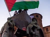 More than 1,000 people march through the center of Turin, Italy, on November 16, 2024, calling for a boycott of Israel and a ceasefire in th...