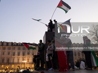 More than 1,000 people march through the center of Turin, Italy, on November 16, 2024, calling for a boycott of Israel and a ceasefire in th...