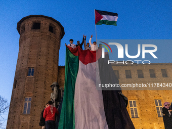 More than 1,000 people march through the center of Turin, Italy, on November 16, 2024, calling for a boycott of Israel and a ceasefire in th...