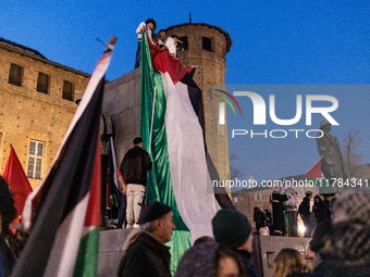 More than 1,000 people march through the center of Turin, Italy, on November 16, 2024, calling for a boycott of Israel and a ceasefire in th...