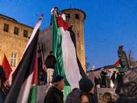 More than 1,000 people march through the center of Turin, Italy, on November 16, 2024, calling for a boycott of Israel and a ceasefire in th...