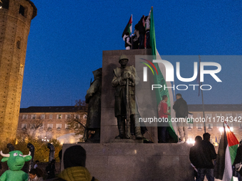 More than 1,000 people march through the center of Turin, Italy, on November 16, 2024, calling for a boycott of Israel and a ceasefire in th...