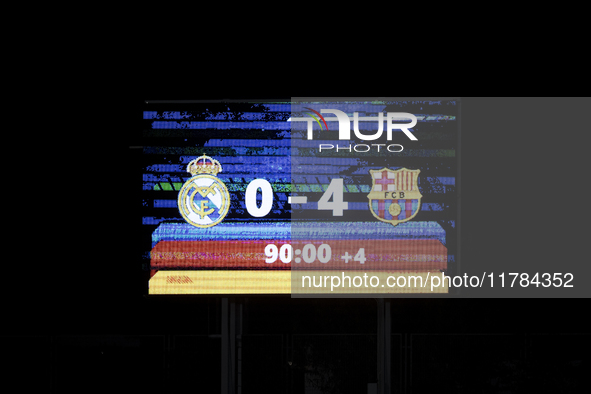 The final score appears on the scoreboard at the end of the LIGA F match between Real Madrid and FC Barcelona at Alfredo Di Stefano stadium...