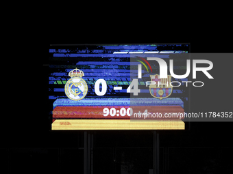 The final score appears on the scoreboard at the end of the LIGA F match between Real Madrid and FC Barcelona at Alfredo Di Stefano stadium...