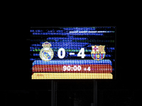 The final score appears on the scoreboard at the end of the LIGA F match between Real Madrid and FC Barcelona at Alfredo Di Stefano stadium...