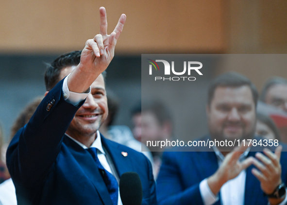 KRAKOW, POLAND - NOVEMBER 16:
Mayor of Warsaw Rafal Trzaskowski during a meeting with voters at Nowa Huta's Hala Com-Com Zone, on November...