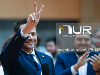 KRAKOW, POLAND - NOVEMBER 16:
Mayor of Warsaw Rafal Trzaskowski during a meeting with voters at Nowa Huta's Hala Com-Com Zone, on November...