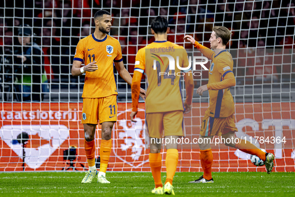 Netherlands forward Cody Gakpo scores the 2-0 and celebrates the goal during the match between the Netherlands and Hungary at the Johan Crui...