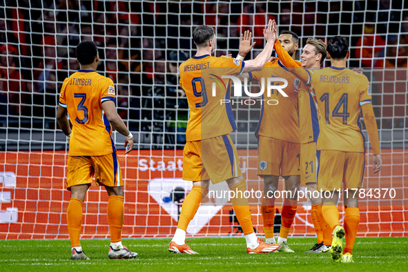 Netherlands forward Cody Gakpo scores the 2-0 and celebrates the goal during the match between the Netherlands and Hungary at the Johan Crui...