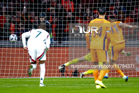 Netherlands forward Cody Gakpo scores the 2-0 during the match between the Netherlands and Hungary at the Johan Cruijff ArenA for the UEFA N...