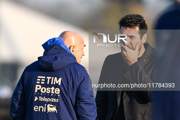 Head coach of Italy, Luciano Spalletti, and Gianluigi Buffon participate in an Italy training session at BPER Training Centre in Appiano Gen...