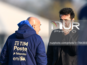 Head coach of Italy, Luciano Spalletti, and Gianluigi Buffon participate in an Italy training session at BPER Training Centre in Appiano Gen...