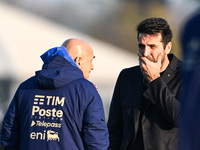 Head coach of Italy, Luciano Spalletti, and Gianluigi Buffon participate in an Italy training session at BPER Training Centre in Appiano Gen...