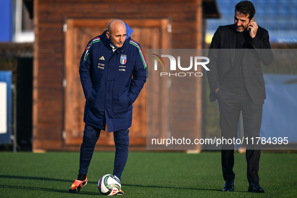 Head coach of Italy, Luciano Spalletti, and Gianluigi Buffon participate in an Italy training session at BPER Training Centre in Appiano Gen...