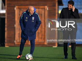 Head coach of Italy, Luciano Spalletti, and Gianluigi Buffon participate in an Italy training session at BPER Training Centre in Appiano Gen...