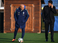 Head coach of Italy, Luciano Spalletti, and Gianluigi Buffon participate in an Italy training session at BPER Training Centre in Appiano Gen...