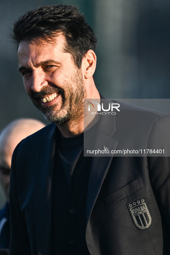 Gianluigi Buffon looks on during an Italy training session at BPER Training Centre in Appiano Gentile, Como, Italy, on November 16, 2024. 