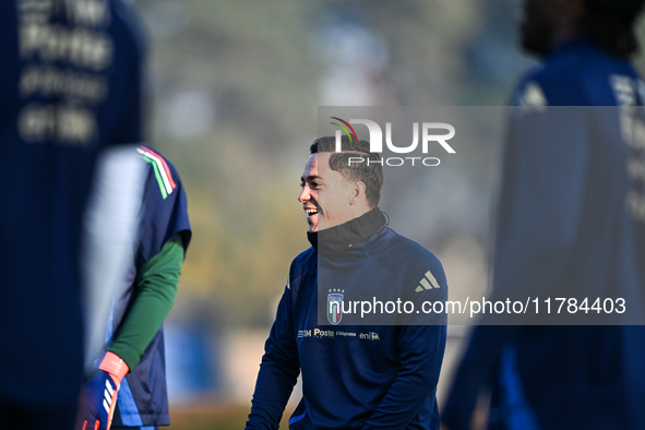 Giacomo Raspadori of Italy is in action during an Italy training session at BPER Training Centre in Appiano Gentile on November 16, 2024, in...