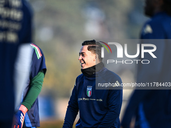 Giacomo Raspadori of Italy is in action during an Italy training session at BPER Training Centre in Appiano Gentile on November 16, 2024, in...