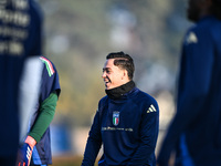 Giacomo Raspadori of Italy is in action during an Italy training session at BPER Training Centre in Appiano Gentile on November 16, 2024, in...