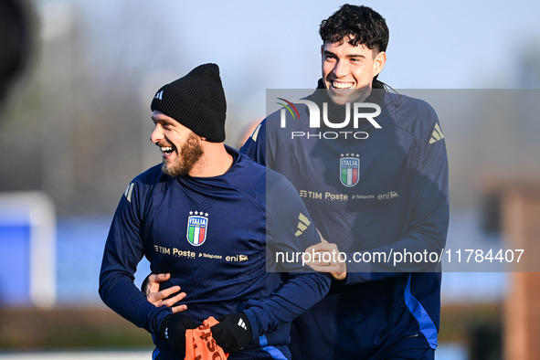 Federico Dimarco of Italy and Alessandro Bastoni of Italy participate in an Italy training session at BPER Training Centre at Appiano Gentil...