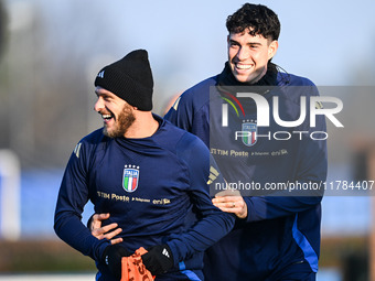 Federico Dimarco of Italy and Alessandro Bastoni of Italy participate in an Italy training session at BPER Training Centre at Appiano Gentil...