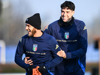 Federico Dimarco of Italy and Alessandro Bastoni of Italy participate in an Italy training session at BPER Training Centre at Appiano Gentil...