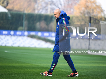 Head coach of Italy, Luciano Spalletti, attends an Italy training session at BPER Training Centre in Appiano Gentile on November 16, 2024, i...