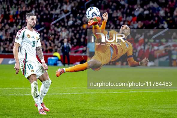 Netherlands forward Donyell Malen participates in the match between the Netherlands and Hungary at the Johan Cruijff ArenA for the UEFA Nati...