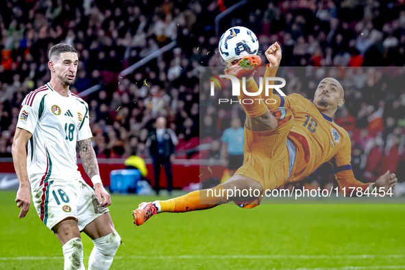 Netherlands forward Donyell Malen participates in the match between the Netherlands and Hungary at the Johan Cruijff ArenA for the UEFA Nati...