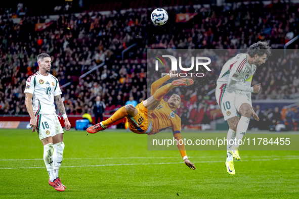 Netherlands forward Donyell Malen participates in the match between the Netherlands and Hungary at the Johan Cruijff ArenA for the UEFA Nati...