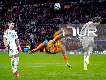 Netherlands forward Donyell Malen participates in the match between the Netherlands and Hungary at the Johan Cruijff ArenA for the UEFA Nati...