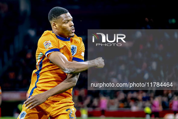 Netherlands defender Denzel Dumfries scores the 3-0 goal and celebrates during the match between the Netherlands and Hungary at the Johan Cr...