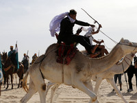 The photo, taken in Oued Souf, Algeria, on November 16, 2024, shows the Camel Festival during the 6th International Festival of Saharan Tour...