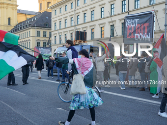 A demonstration in Munich, Germany, on November 16, 2024, includes pro-Palestinian demonstrators and pro-Israeli counter-demonstrators with...