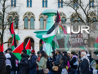 A demonstration in Munich, Germany, on November 16, 2024, includes pro-Palestinian demonstrators and pro-Israeli counter-demonstrators with...