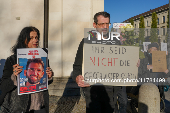 A demonstration in Munich, Germany, on November 16, 2024, includes pro-Palestinian demonstrators and pro-Israeli counter-demonstrators with...