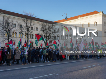 A demonstration in Munich, Germany, on November 16, 2024, includes pro-Palestinian demonstrators and pro-Israeli counter-demonstrators with...