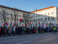 A demonstration in Munich, Germany, on November 16, 2024, includes pro-Palestinian demonstrators and pro-Israeli counter-demonstrators with...