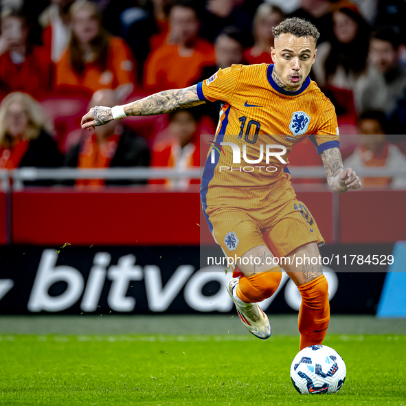 Netherlands forward Noa Lang participates in the match between the Netherlands and Hungary at the Johan Cruijff ArenA for the UEFA Nations L...