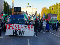 A demonstration in Munich, Germany, on November 16, 2024, includes pro-Palestinian demonstrators and pro-Israeli counter-demonstrators with...