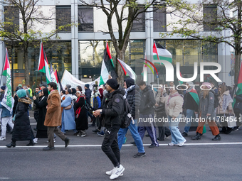 A demonstration in Munich, Germany, on November 16, 2024, includes pro-Palestinian demonstrators and pro-Israeli counter-demonstrators with...